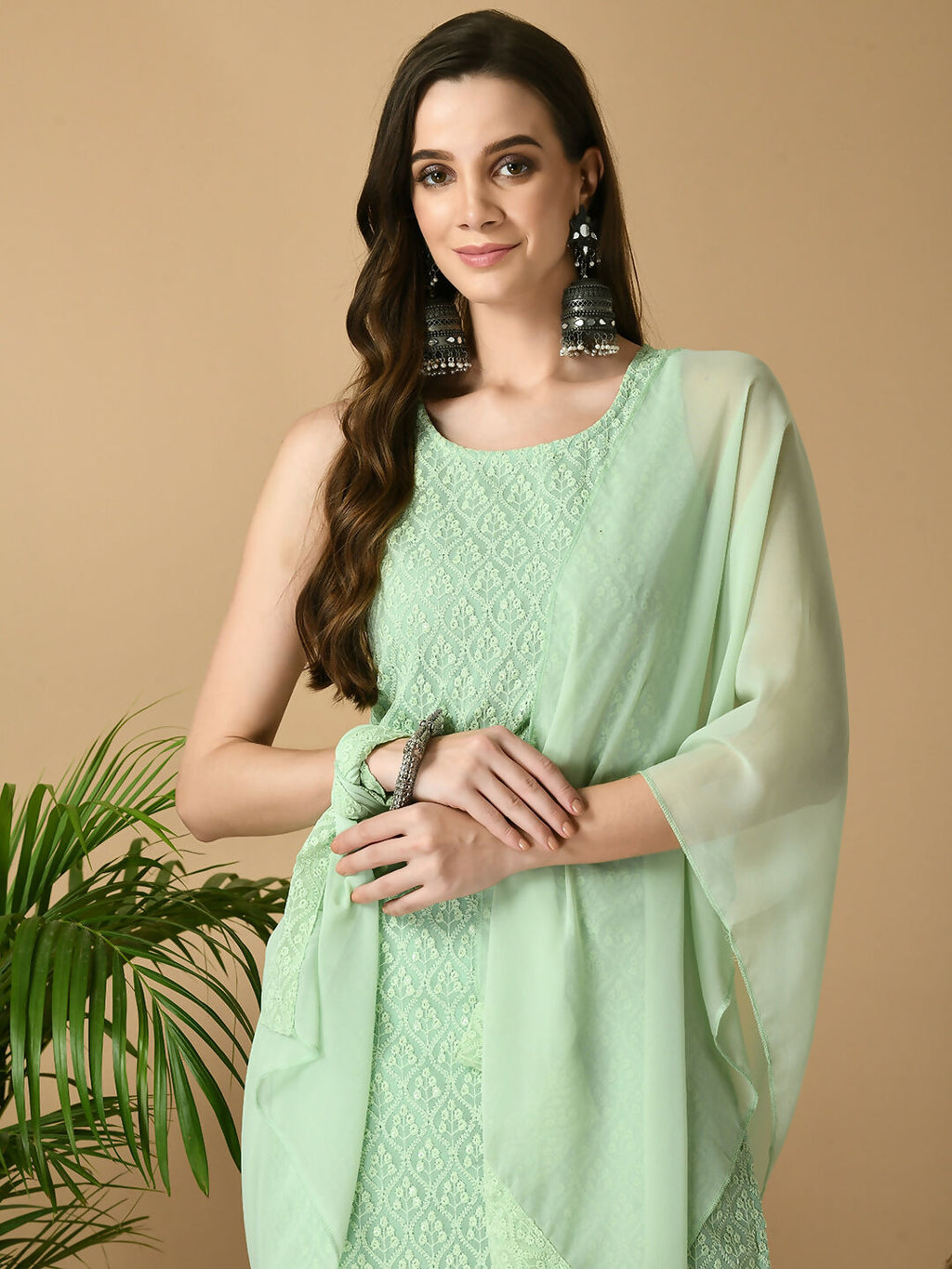 Myshka Women's Green Georgette Sleeveless Straight Party Kurta With Dupatta Set