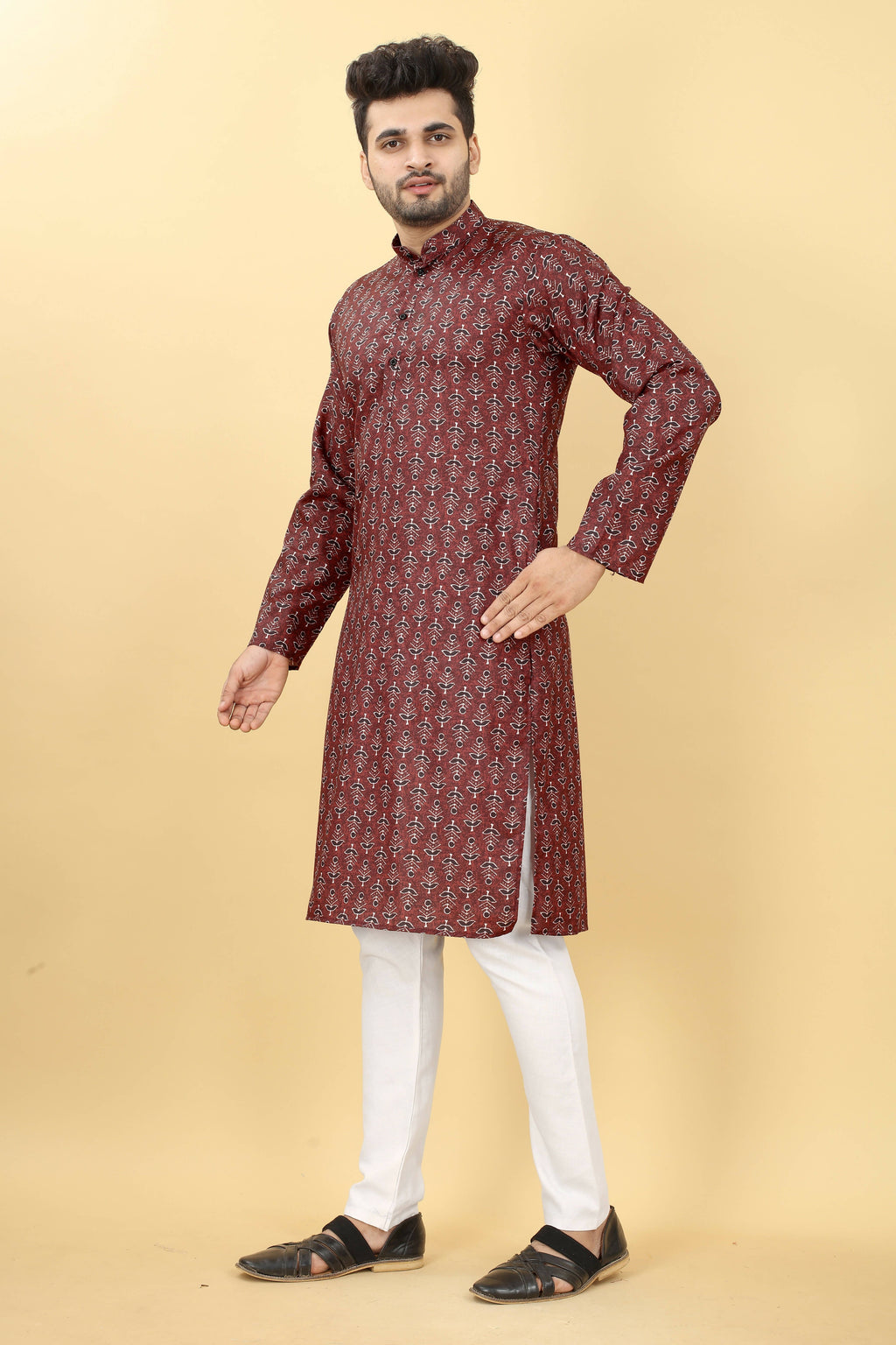 Maroon Cotton Printed Men's Kurta - Mahotsav