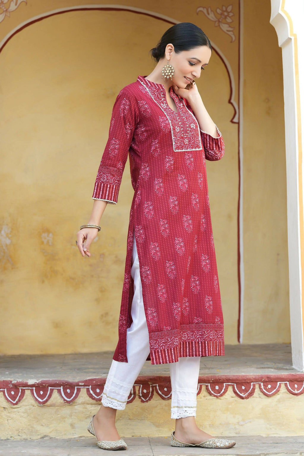 Juniper Women's Marron Cotton Cambric Floral Printed Straight Kurta - Distacart