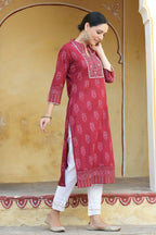Juniper Women's Marron Cotton Cambric Floral Printed Straight Kurta - Distacart