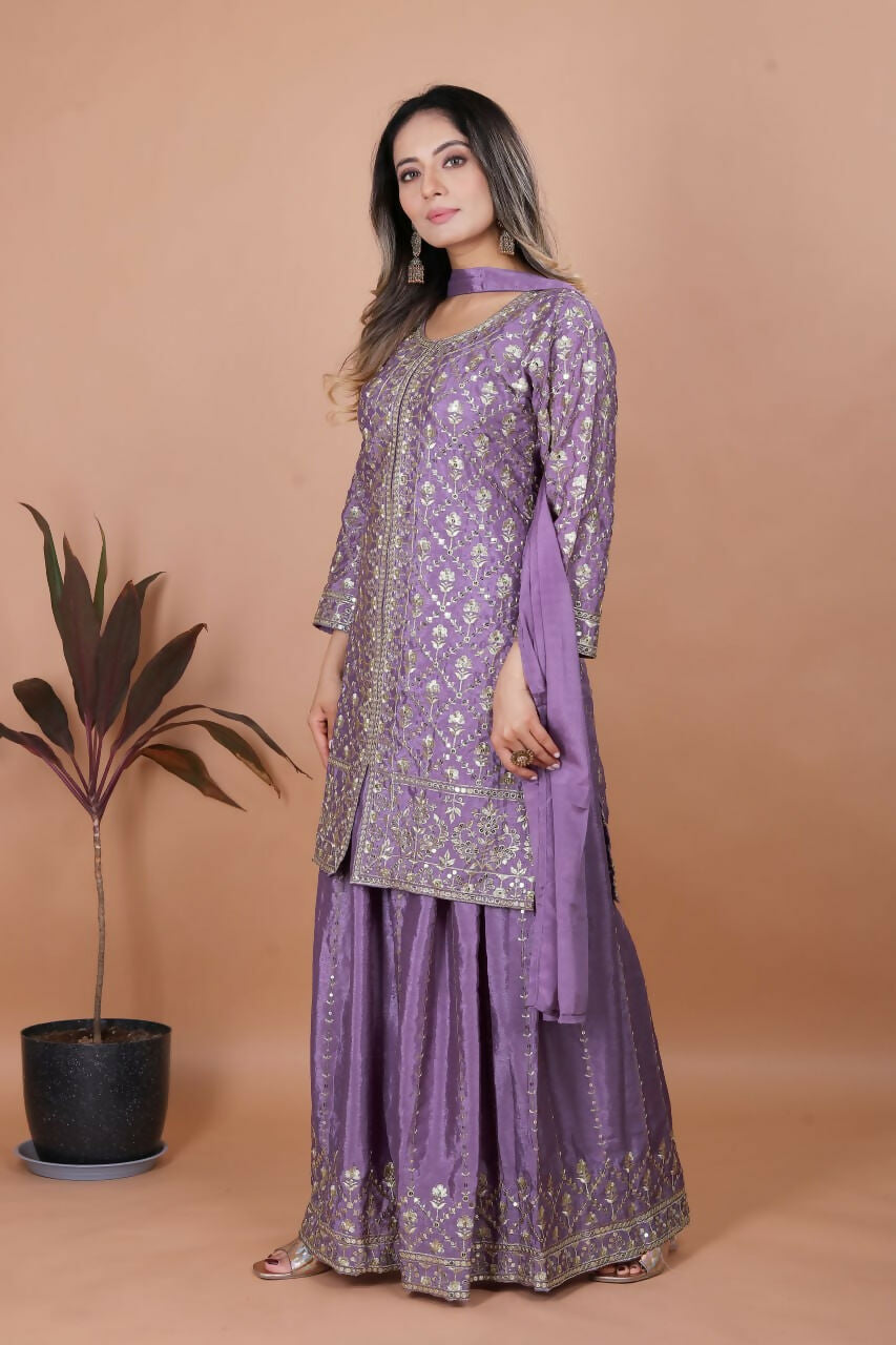 Joban Fashion Purple Silk Embroidered Sharara Set - Distacart