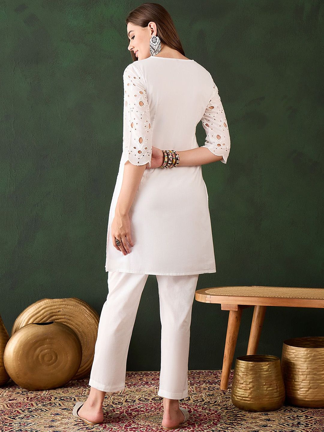 Sangria White Floral Embroidered V-Neck Mirror Work Pure Cotton Kurta with Trousers