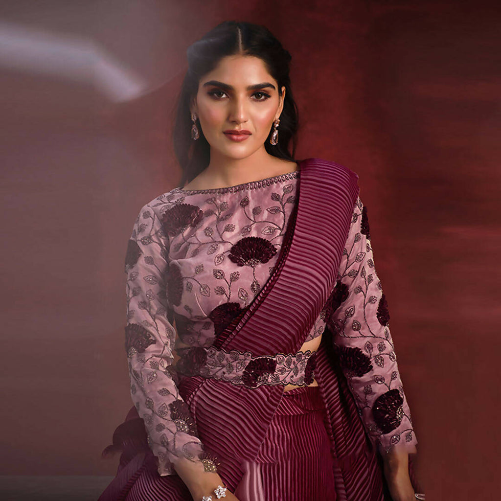 Peach Crepe Satin Silk Sequence Thread & Stone Work/ Texture Pallu Saree - Mohmanthan Kimiya