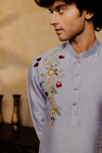 Falling Raw Silk Power Blue Botanical Bloom Kurta Set By Hilo Design