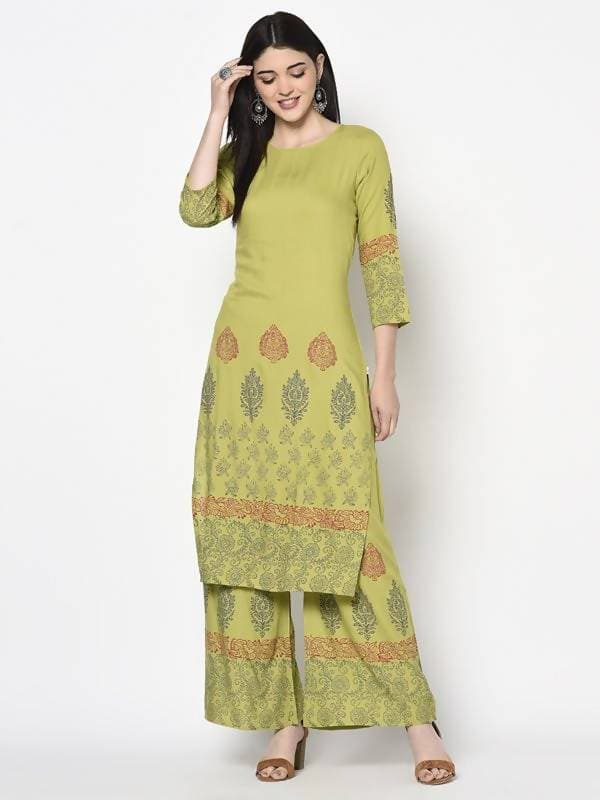 Aniyah Rayon Parrot Green Color Block Print Flared Slip-On Palazzo (AN-196K)