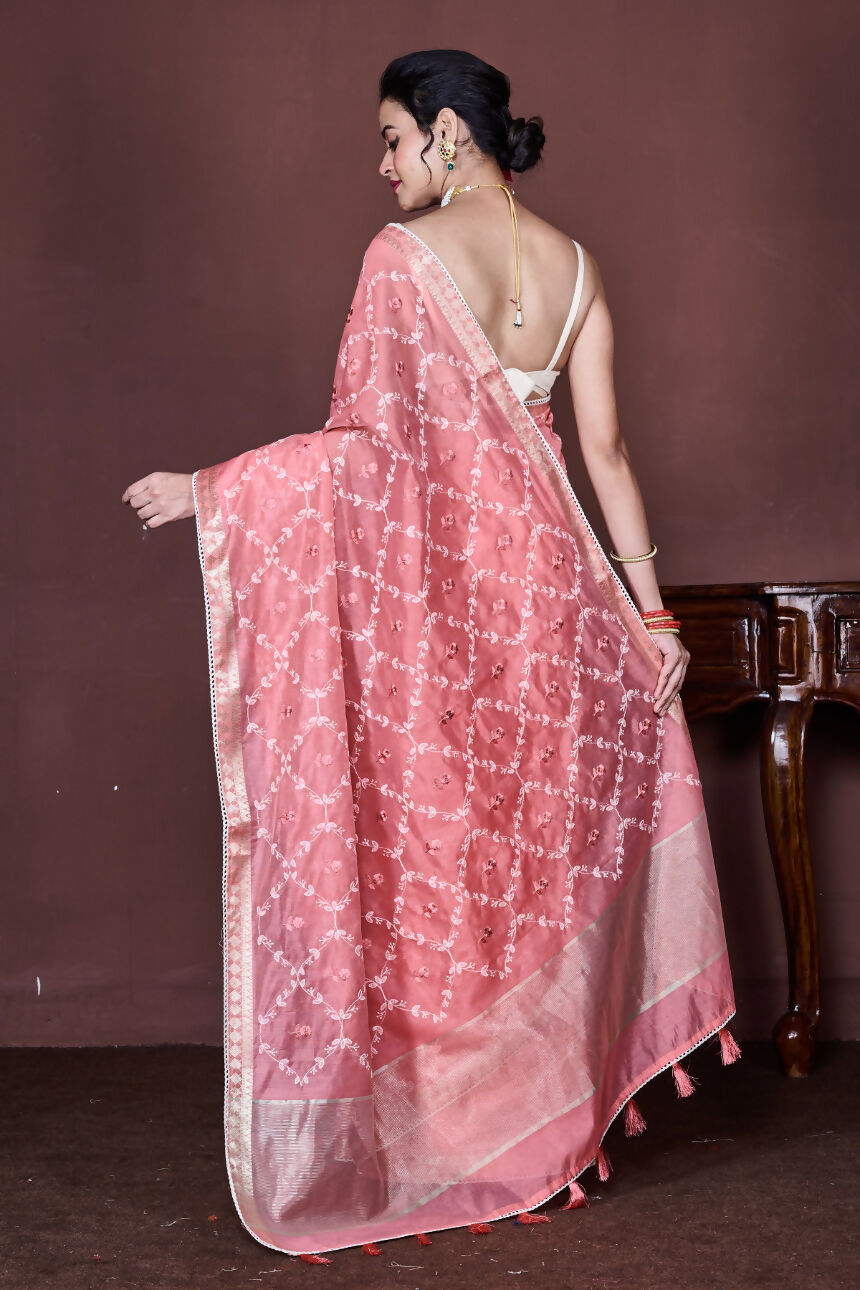 Morchari Peach Cotton Chanderi Embroidery Saree Unstitched Blouse - Distacart