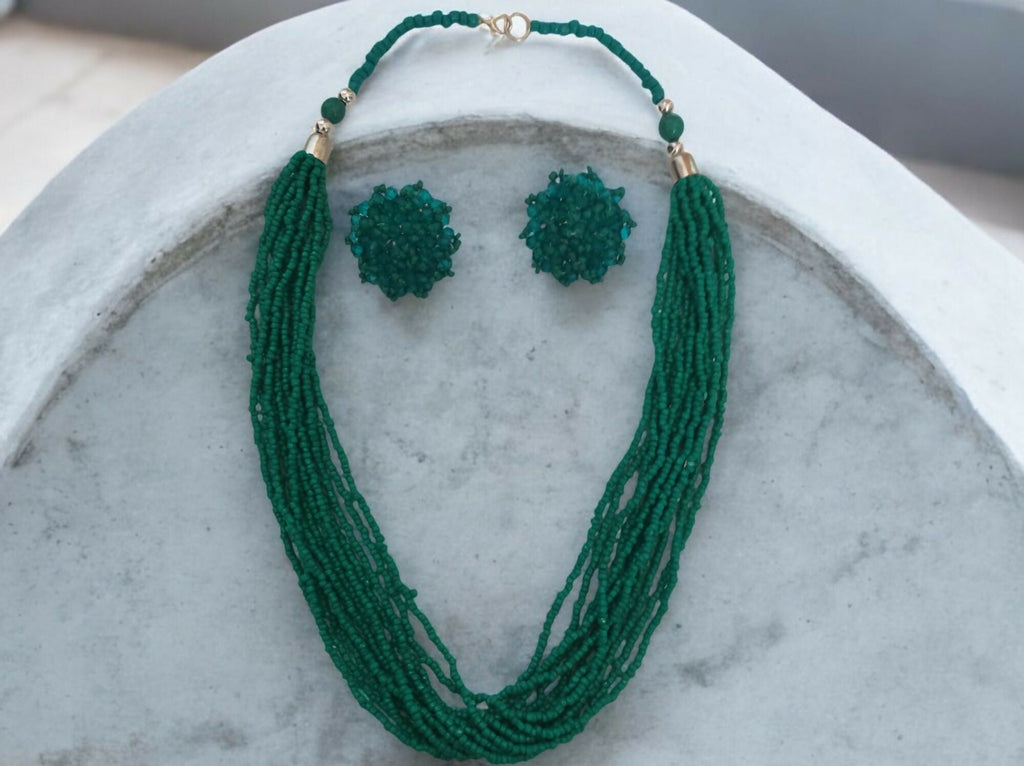 Inhanns Bloom Handmade Beaded Necklace With Earrings - 12 Layers - Sea Green Necklace Set