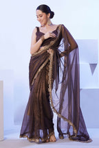 Brown C/H Net Solid Designer & Lace Work Saree - Samaa