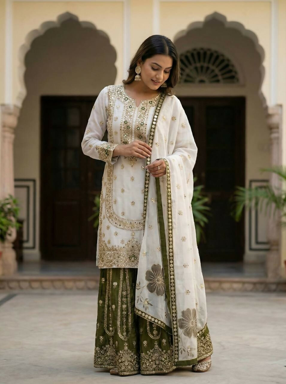 Teeya Creation Green Gimmy Silk Designer Embroidery Work Wedding Wear Palazzo Pair - Distacart