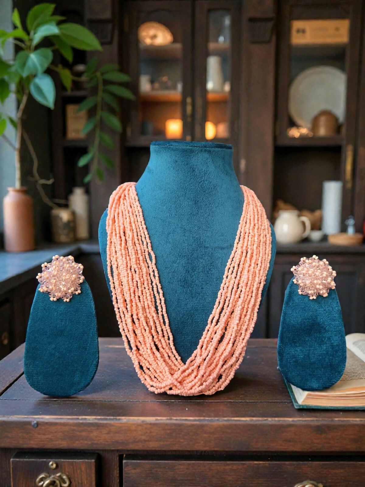 Inhanns Vibrant Handmade 20 Layers Beaded Necklace With Matching Earrings - Light Peach