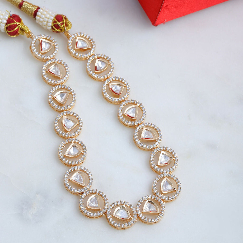 Patti Shapped Kundan and Round Diamond Neckpiece (Gold) - Ruby Raang