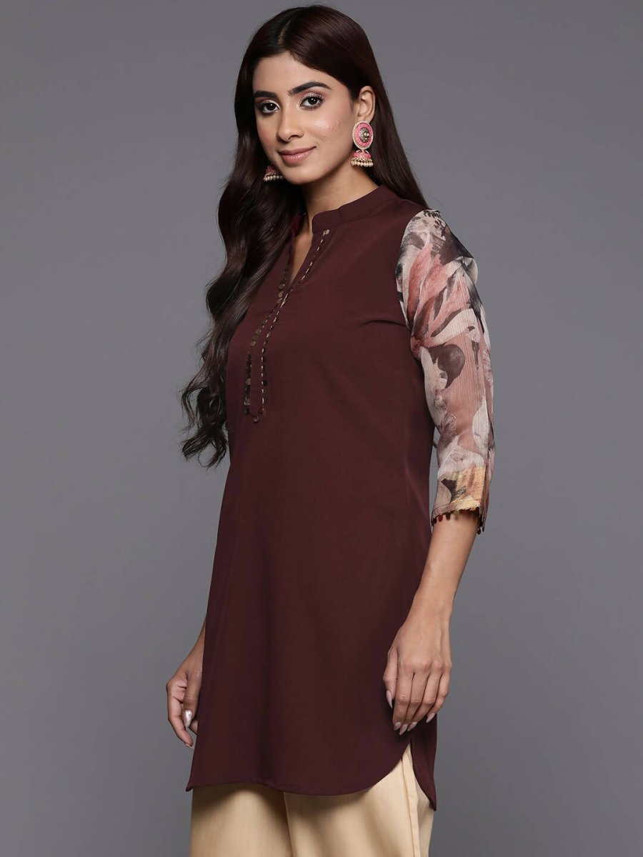 Ahalyaa Brown & Gold-Toned Mandarin Collar Printed Tunic - Brown Color