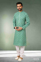 Raivat Ethnic Cotton Printed Work Kurta Pajama In Green Colour