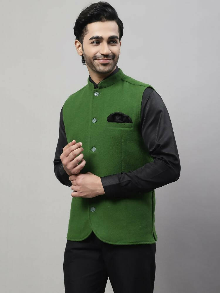 Even Apparels Pure Wool Nehru Jacket - Green