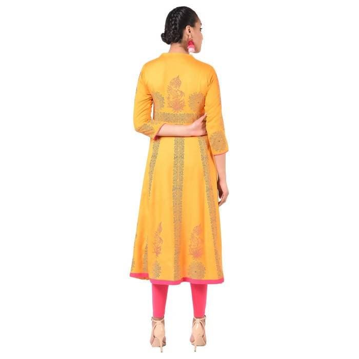 Aniyah Rayon Floral Print Anarkali Kurta In Mustard (AN-164K)