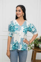 Myshka Women White Floral V-Neck Flutter Sleeves Viscose Rayon Top - Distacart