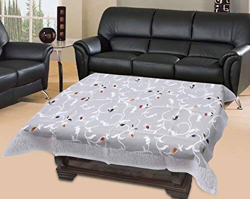 Yellow Weaves Polyester Floral Rectangular Designer Net Fabric Center 4 Seater Table Cover - White