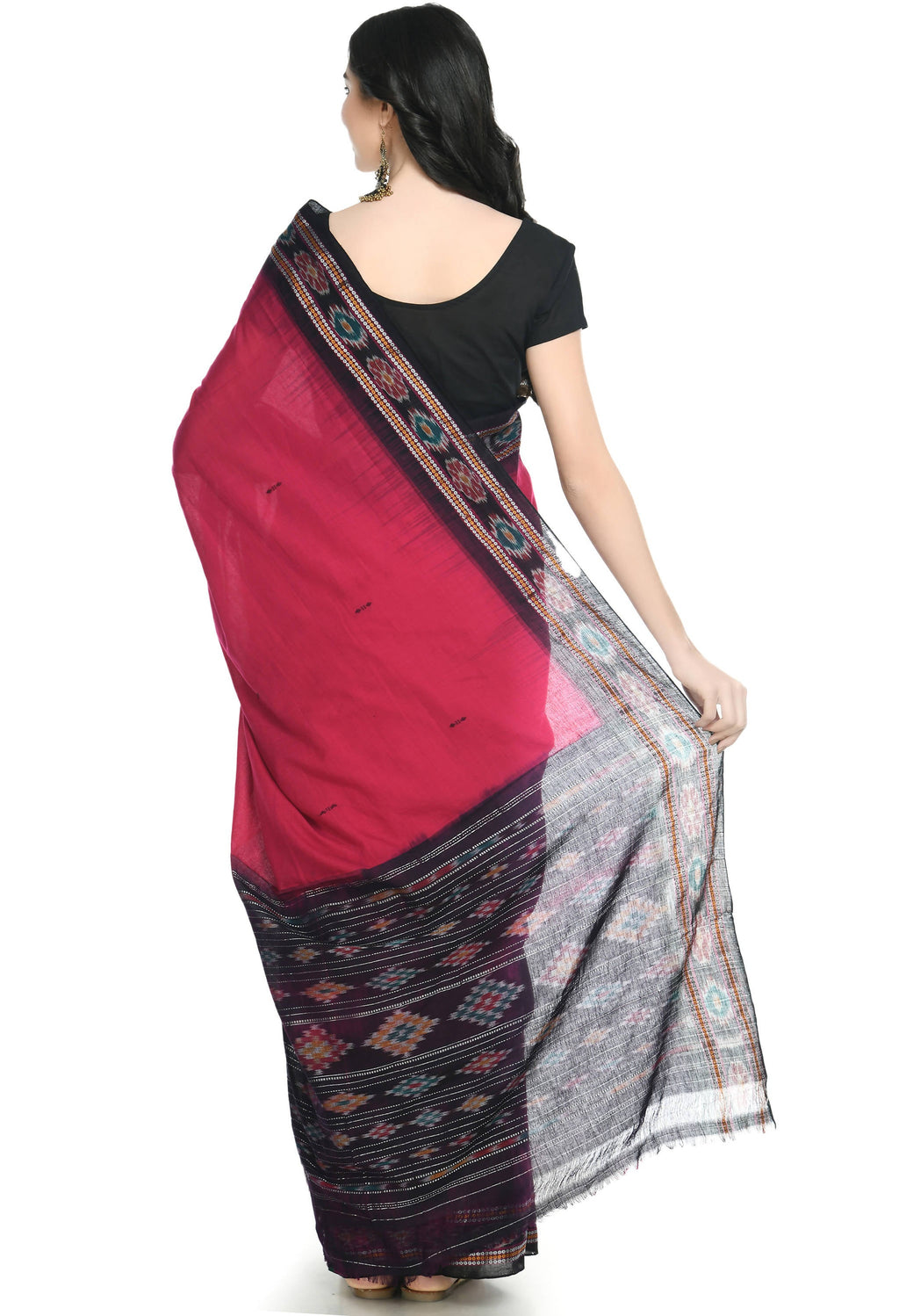 Vamika Sambalpuri Ikat Cotton Rekhabala Buti Magenta & Black Saree