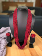 Inhanns Rangsaaz 20-Layer Luxe Long Beaded Necklace (With Optional Statement Earrings) - Maroon With Earring