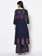 Aniyah Rayon Navy Blue Color Block Print A-line Flared Long Kurta Palazzo Set with Two Front Slits (AN-214K)