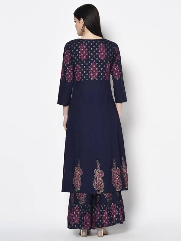 Aniyah Rayon Navy Blue Color Block Print A-line Flared Long Kurta Palazzo Set with Two Front Slits (AN-214K)