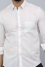 Miravan Men's White Spread Collar Striped Print Casual Shirt