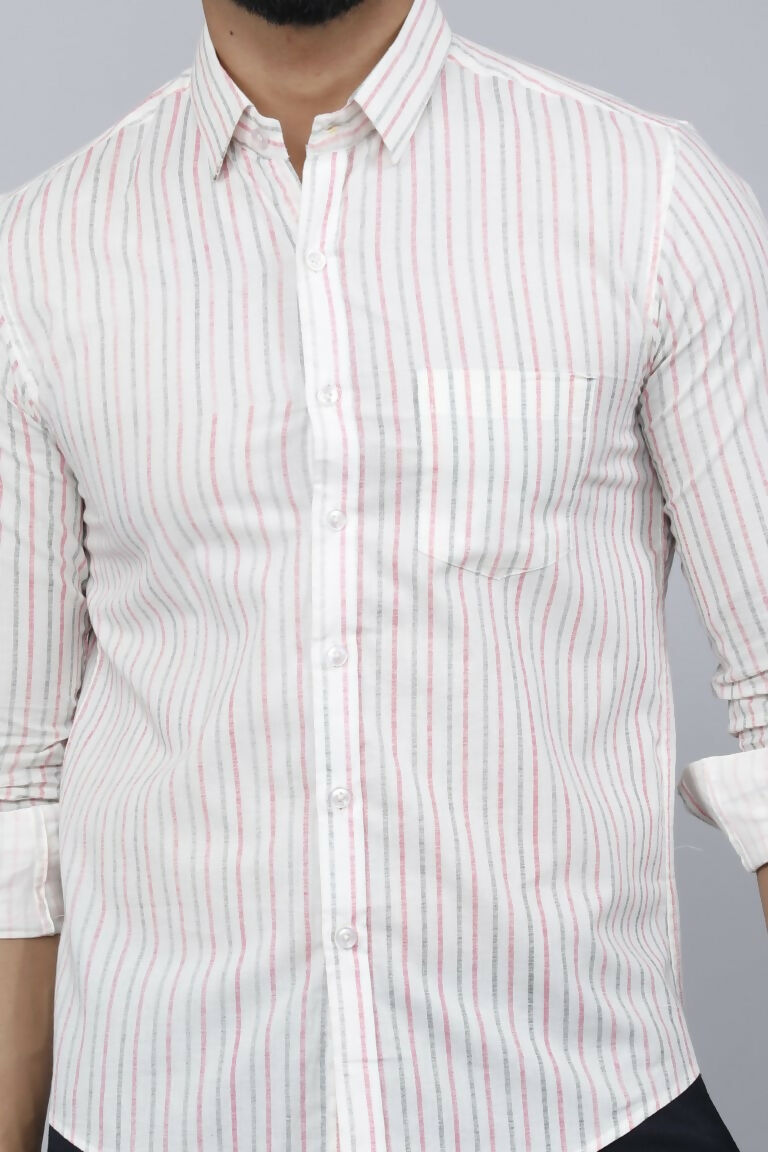 Miravan Men's White Spread Collar Striped Print Casual Shirt