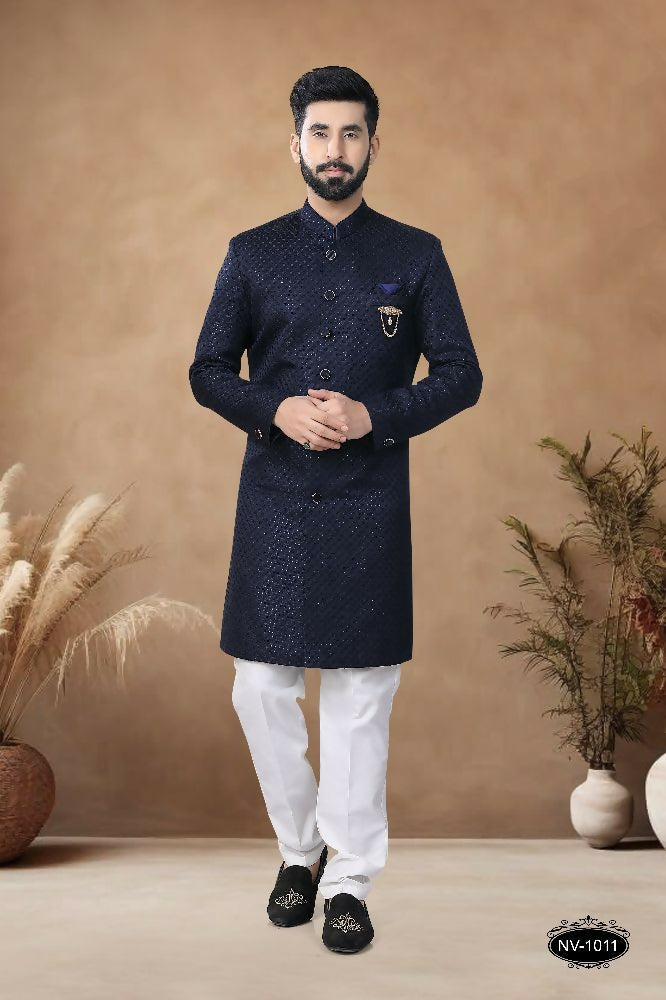 Joban Fashion Men's Blue Straight Silk Thread & Sequence Embroidery All Over Indo-Western Kurta Set