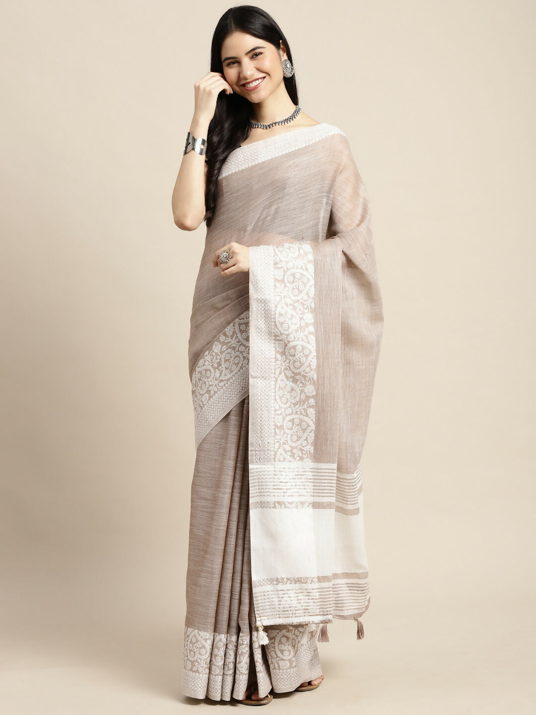 Shree Shyam Fashion Linen Beige Saree - Distacart