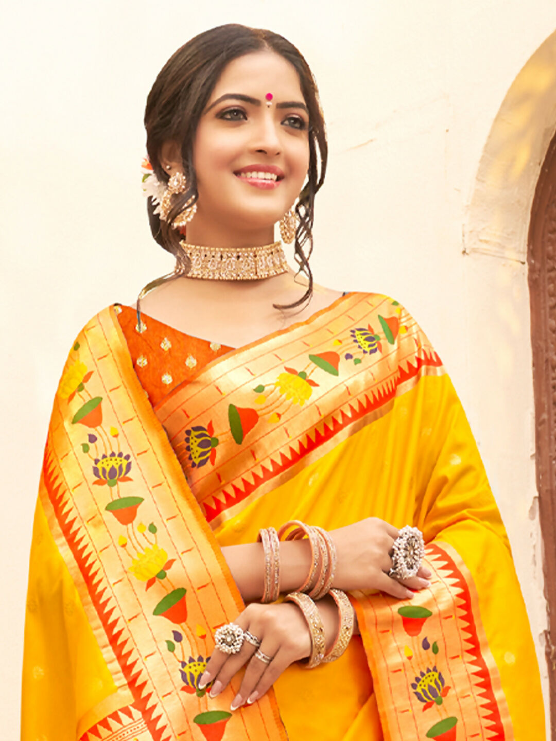 Shree Shyam Fashion Silk Blend Yellow Saree - Distacart
