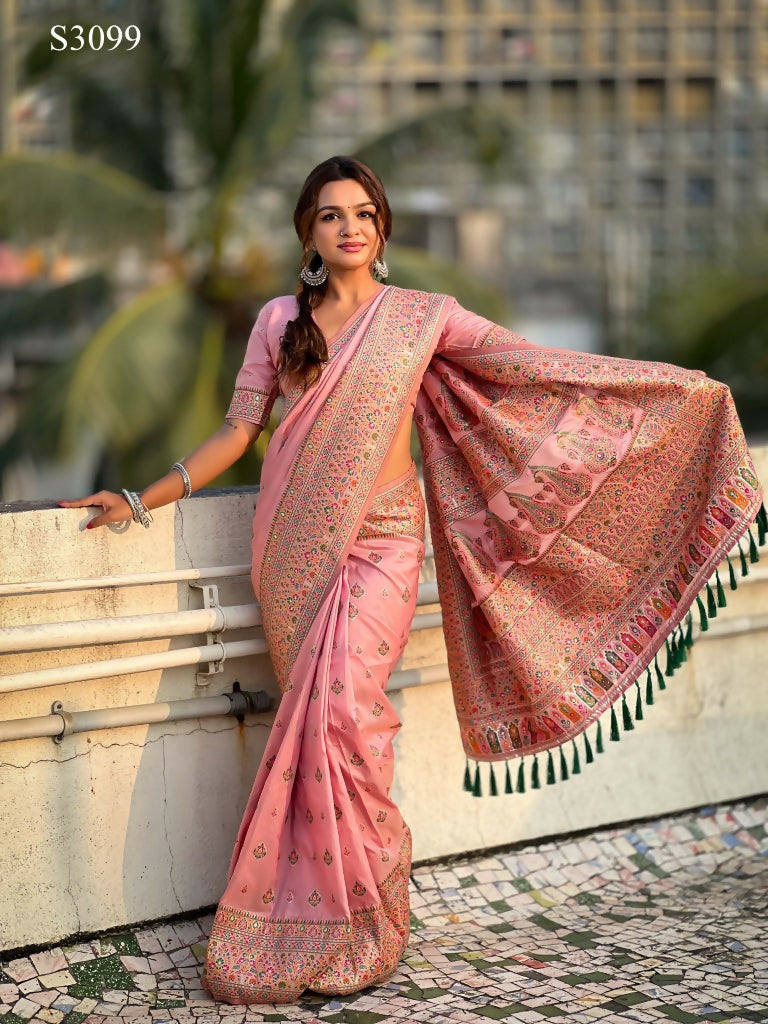 Pink Pashmina Silk Wevon Kashmiri Meenakari Designer Saree with Unstitched Blouse - Vandini