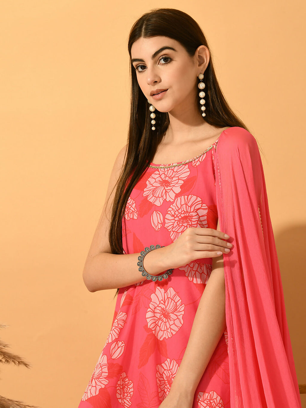 Myshka Women's Pink Festive Flared Anarkali Kurta With Dupatta sets