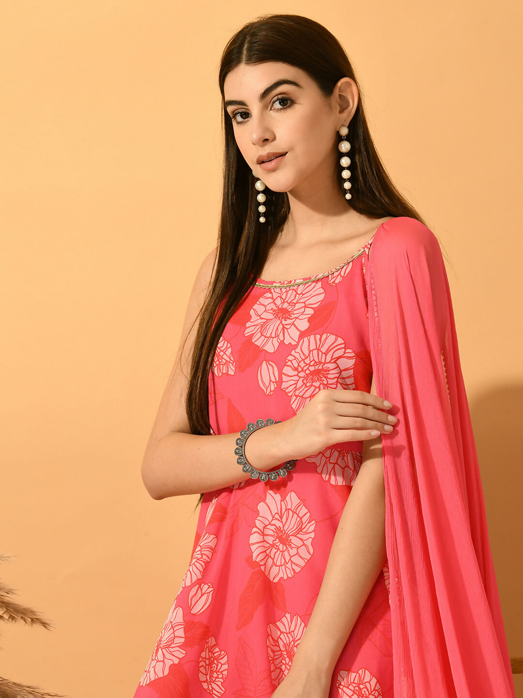 Myshka Women's Pink Festive Flared Anarkali Kurta With Dupatta sets