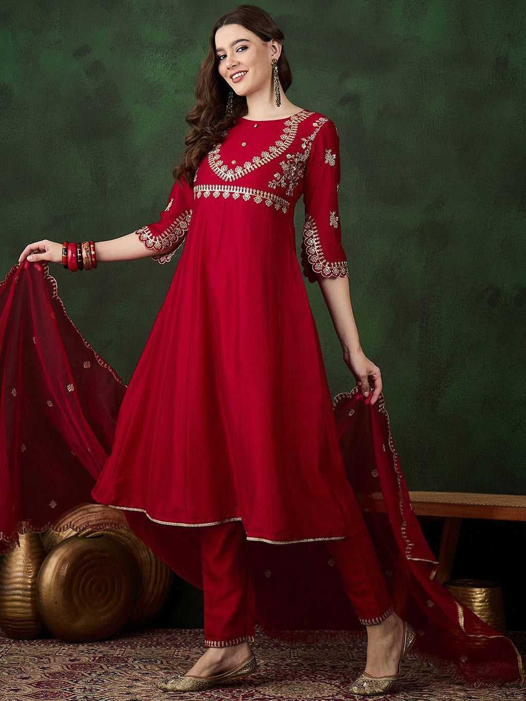 Sangria Round Neck Floral Zari Embroidered Straight Kurta with Trouser and Dupatta - Distacart