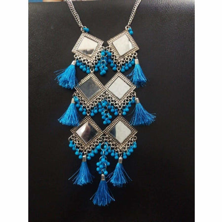 MS Fashion India Long Hanging Party wear Triple Mirror Design Blue Color Pearls And Silk Threads Earrings
