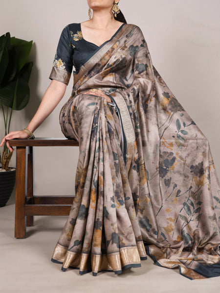 Vastranavya Mehendi Tussar Silk Printed with Viscose Border Saree with Unstitched Blouse