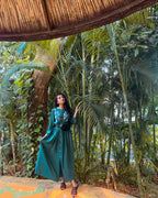 Jompers Women Green & White Yoke Design A-Line Kurta (Teal) - Distacart