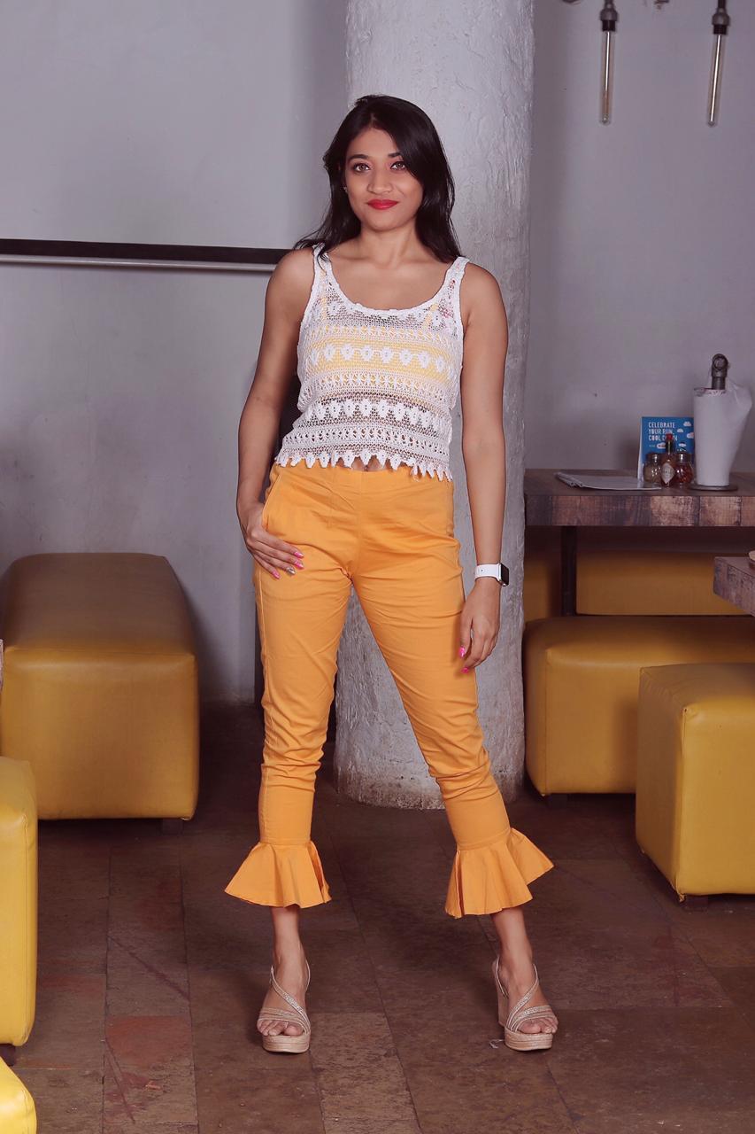Jompers Women Mustard Smart Fit Solid Bottom Flared Trousers - Distacart
