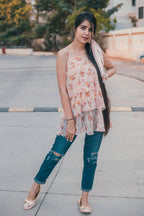 Jompers Women Peach-Coloured & Grey Printed Tiered Top - Distacart