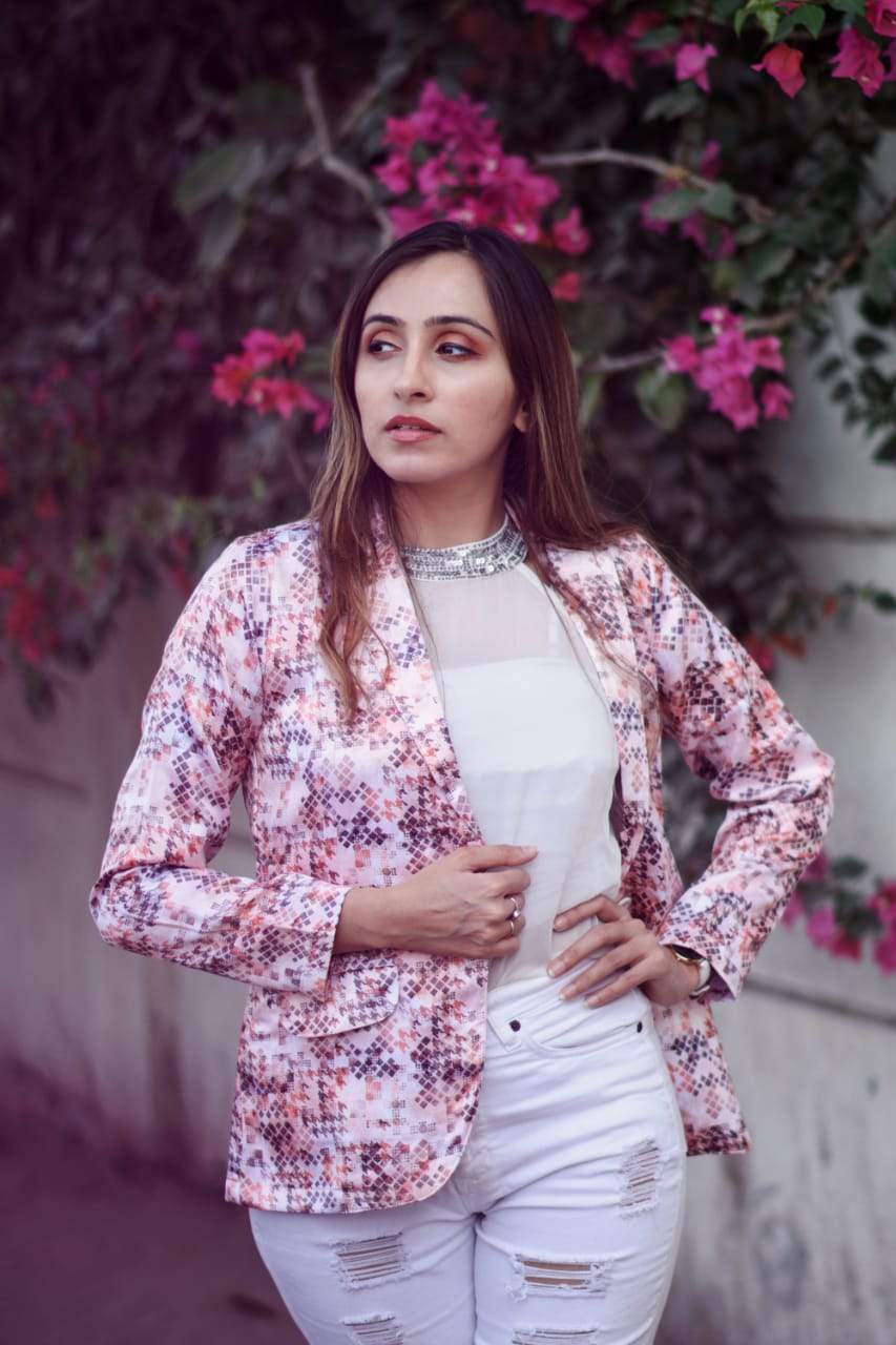 Jompers Women Peach-Coloured & Grey Satin Printed Single-Breasted Casual Blazer - Distacart