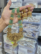 Jewel City Antique Gold-Plated Temple Lakshmi Haram Necklace Set with Green Beads & Jhumka Earrings