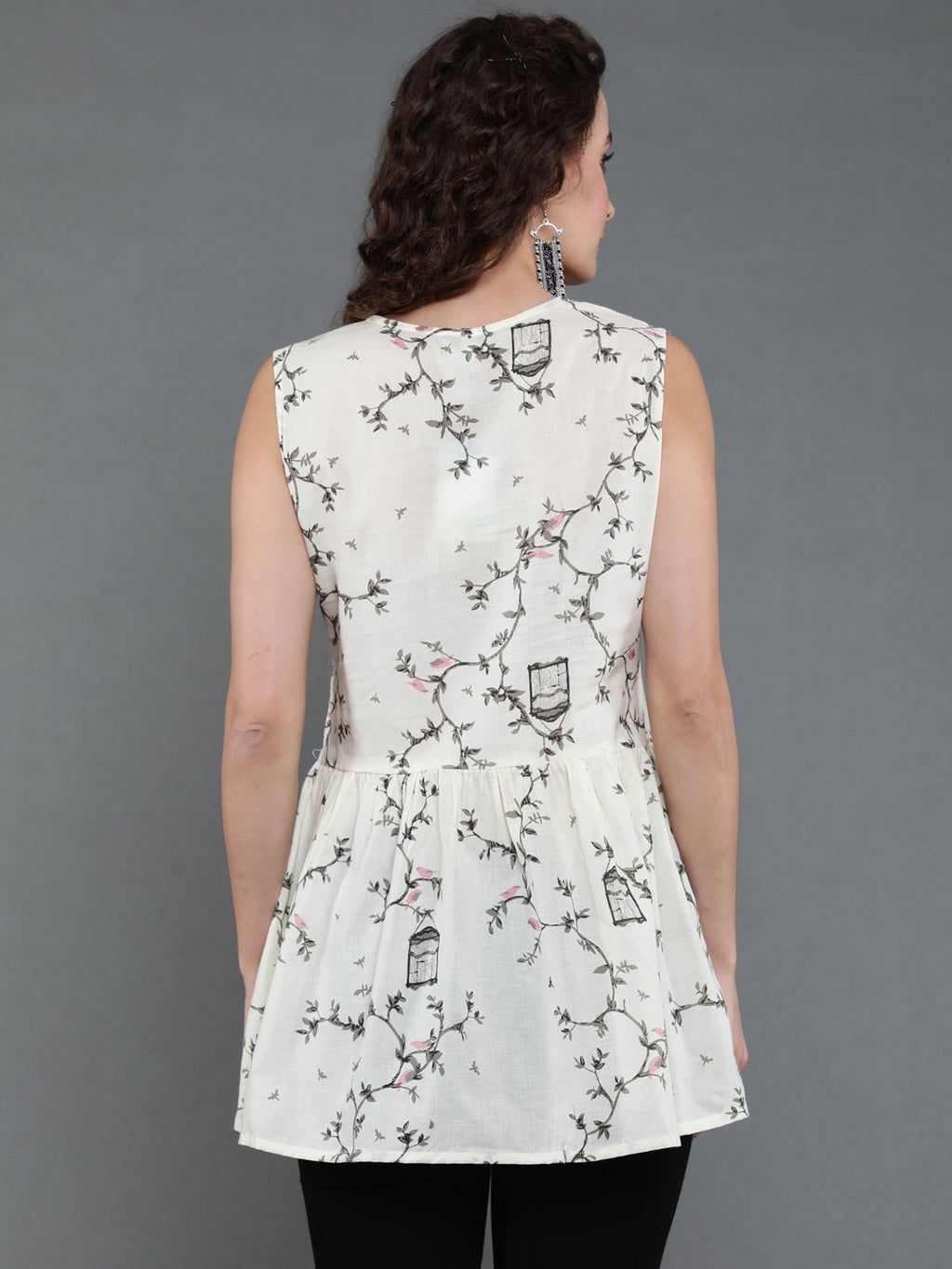 Antaran Off White Pure Cotton Cage Printed Sleeveless Top