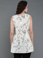 Antaran Off White Pure Cotton Cage Printed Sleeveless Top