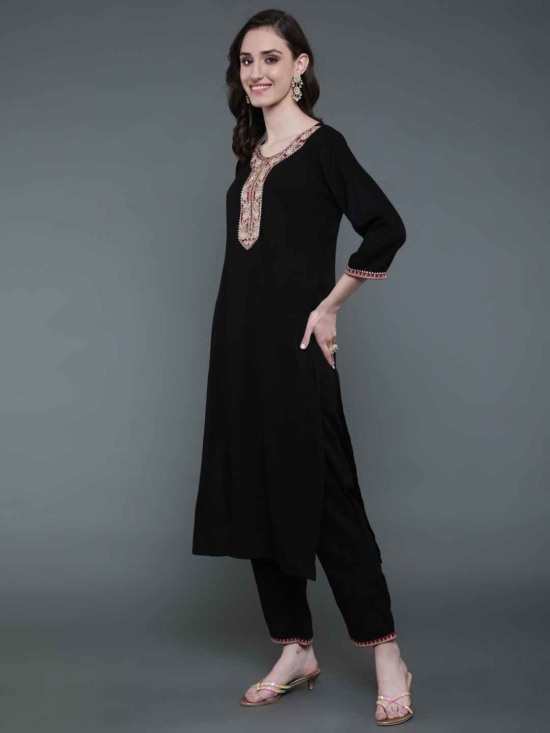Antaran Black Rayon Embroidered Kurta Pant Set - Distacart