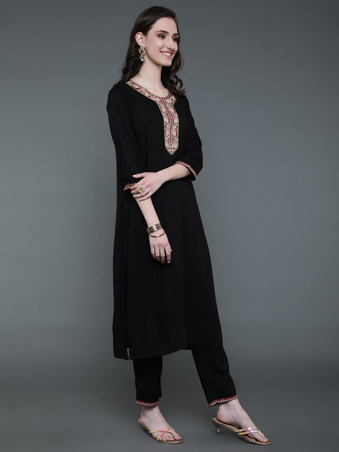Antaran Black Rayon Embroidered Kurta Pant Set - Distacart