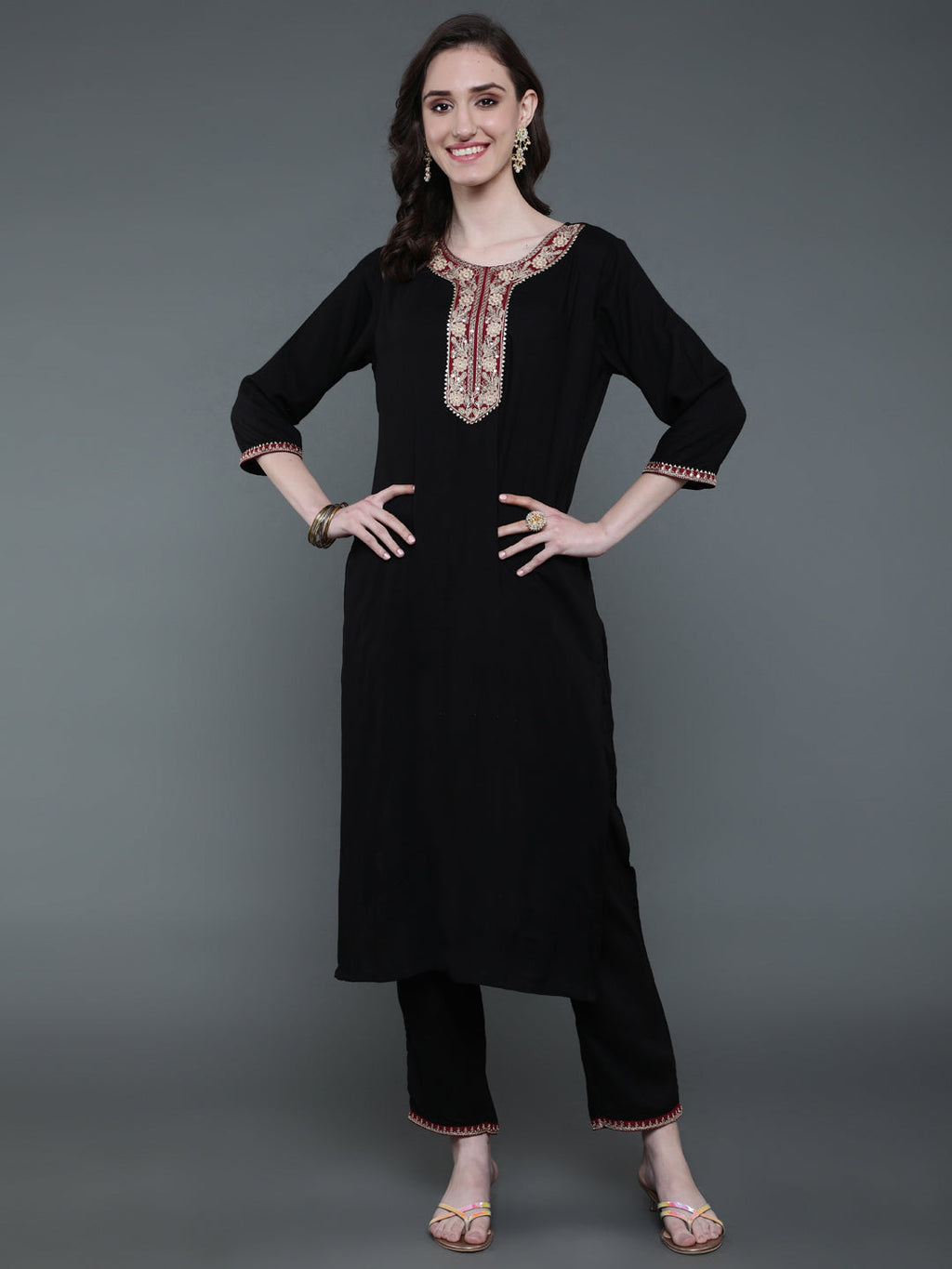 Antaran Black Rayon Embroidered Kurta Pant Set - Distacart