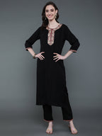 Antaran Black Rayon Embroidered Kurta Pant Set - Distacart