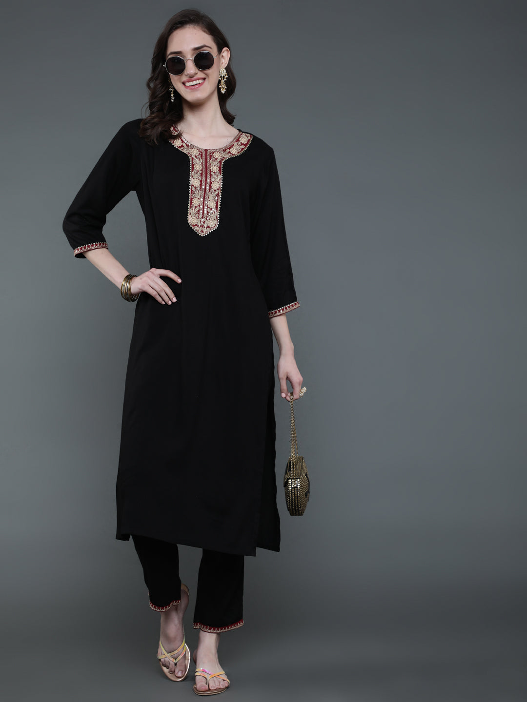 Antaran Black Rayon Embroidered Kurta Pant Set - Distacart