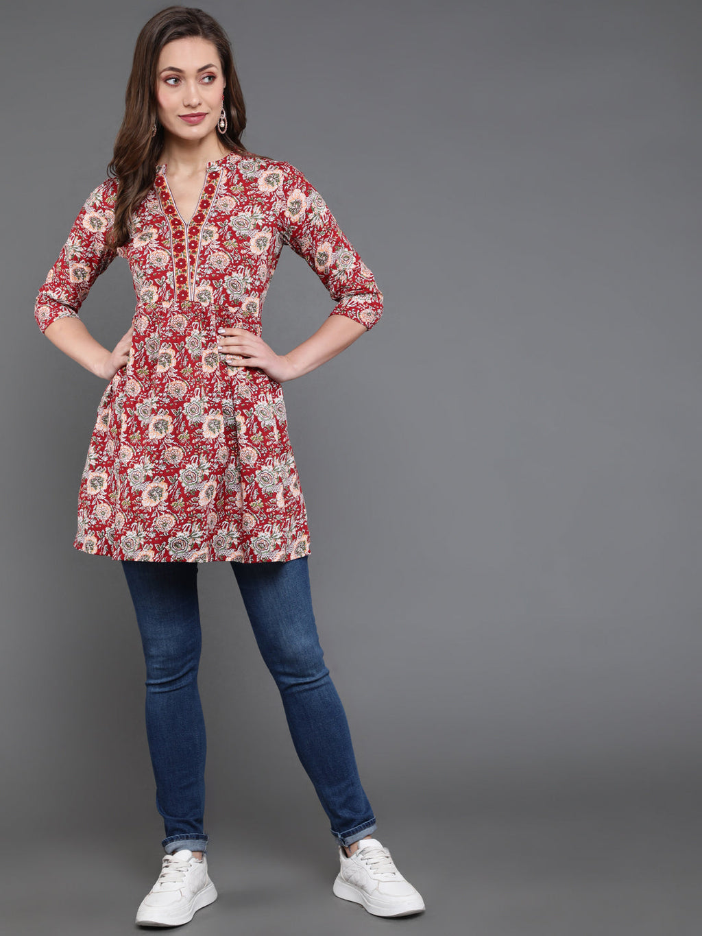 Antaran Maroon Pure Cotton Floral Printed Tunic