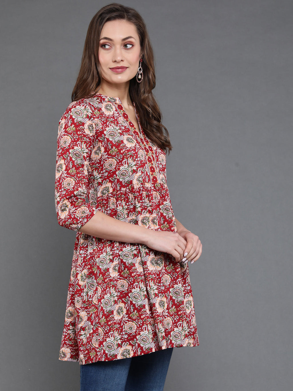 Antaran Maroon Pure Cotton Floral Printed Tunic